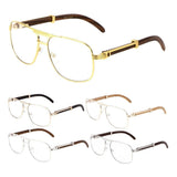 Luxe Executive Metal & Faux Wood Aviator Clear Lens Sunglasses / Eyeglasses Frames