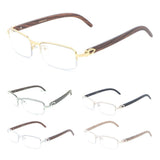 Luxe Debonair Metal & Faux Wood Slim Half Rim Rectangular Clear Lens Sunglasses / Eyeglasses Frames