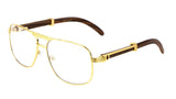 Luxe Executive Metal & Faux Wood Aviator Clear Lens Sunglasses / Eyeglasses Frames