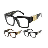Square Flat Top Gold Coin Medallion Greek Key Sunglasses w/ Clear Lenses