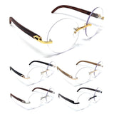 Luxe Diplomat Rimless Round Metal & Faux Wood Eyeglasses / Clear Lens Sunglasses