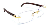 Dasher Rimless Square Metal & Faux Wood Eyeglasses / Clear Lens Luxury Sunglasses Frames