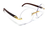 Luxe Diplomat Rimless Round Metal & Faux Wood Eyeglasses / Clear Lens Sunglasses