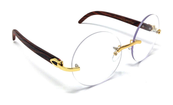 Luxe Diplomat Rimless Round Metal & Faux Wood Eyeglasses / Clear Lens Sunglasses