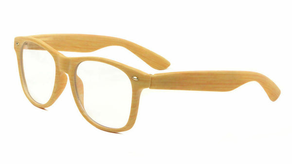 Classic Faux Bamboo Wood Print Square Retro Sunglasses w/ Clear Lenses