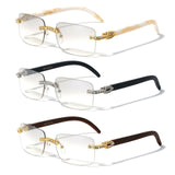 Dapper Slim Rimless Rhinestone Metal & Faux Wood Luxury Sunglasses