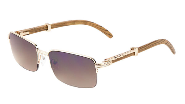 Elite Slim Rimless Rectangular Metal & Wood Art Aviator Sunglasses