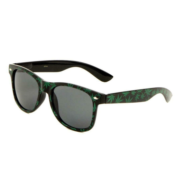 Black & Green Marijuana Weed Leaf Square Sunglasses - Black Lenses