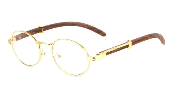 Scholar Luxury Round Oval Metal & Faux Wood Eyeglasses / Clear Lens Sunglasses