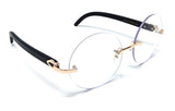 Luxe Diplomat Rimless Round Metal & Faux Wood Eyeglasses / Clear Lens Sunglasses