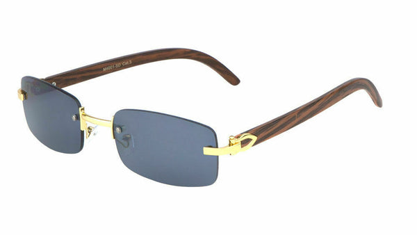 Dean Slim Rimless Rectangular Metal & Faux Wood Luxury Sunglasses