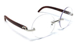 Luxe Diplomat Rimless Round Metal & Faux Wood Eyeglasses / Clear Lens Sunglasses