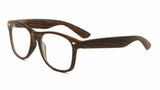 Classic Faux Bamboo Wood Print Square Retro Sunglasses w/ Clear Lenses