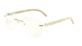 Marshal Rimless Metal & Faux Wood Luxury Aviator Sunglasses w/ Clear Lenses