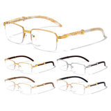 Luxe Executive Metal & Faux Wood Slim Half Rim Rectangular Clear Lens Sunglasses / Eyeglasses Frames