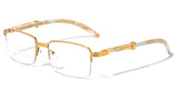 Luxe Executive Metal & Faux Wood Slim Half Rim Rectangular Clear Lens Sunglasses / Eyeglasses Frames
