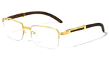 Luxe Executive Metal & Faux Wood Slim Half Rim Rectangular Clear Lens Sunglasses / Eyeglasses Frames