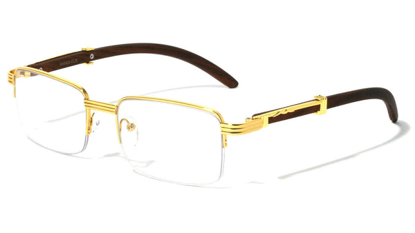Luxe Executive Metal & Faux Wood Slim Half Rim Rectangular Clear Lens Sunglasses / Eyeglasses Frames