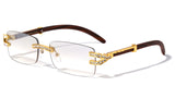 Executive Slim Rimless Rhinestone Metal & Faux Wood Luxury Sunglasses