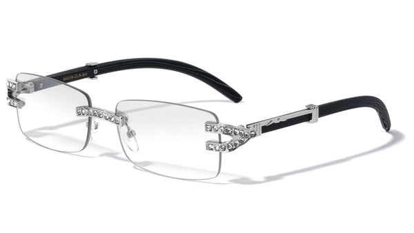 Executive Slim Rimless Rhinestone Metal & Faux Wood Luxury Sunglasses