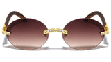 Slim Oval Round Rimless Rhinestone Metal & Faux Wood Luxury Sunglasses