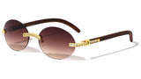 Slim Oval Round Rimless Rhinestone Metal & Faux Wood Luxury Sunglasses