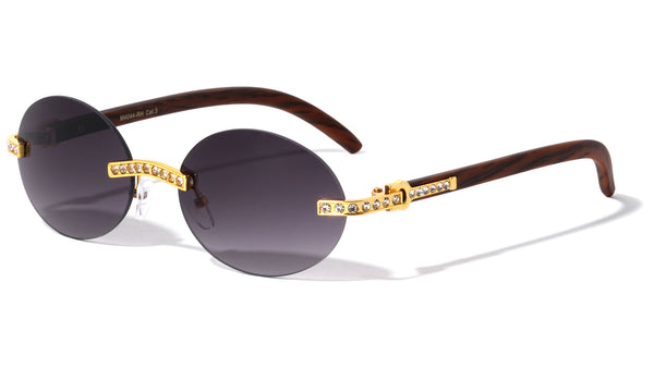 Slim Oval Round Rimless Rhinestone Metal & Faux Wood Luxury Sunglasses