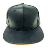 Solid Black Faux Leather Flat Bill Snapback