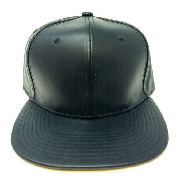 Solid Black Faux Leather Flat Bill Snapback