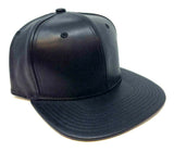 Solid Black Faux Leather Flat Bill Snapback