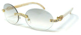 Slim Round Oval Rimless Rhinestone Metal & Faux Wood Luxury Sunglasses