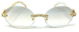 Slim Round Oval Rimless Rhinestone Metal & Faux Wood Luxury Sunglasses