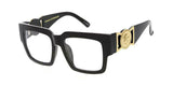 Square Flat Top Gold Coin Medallion Greek Key Sunglasses w/ Clear Lenses