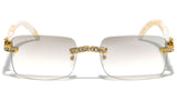 Dapper Slim Rimless Rhinestone Metal & Faux Wood Luxury Sunglasses