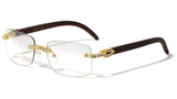 Dapper Slim Rimless Rhinestone Metal & Faux Wood Luxury Sunglasses