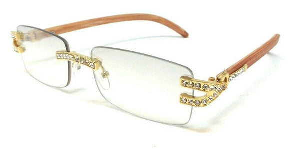 Dean Slim Rimless Rectangular Rhinestone Metal & Faux Wood Luxury Sunglasses