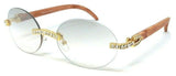 Slim Round Oval Rimless Rhinestone Metal & Faux Wood Luxury Sunglasses