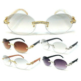 Slim Round Oval Rimless Rhinestone Metal & Faux Wood Luxury Sunglasses