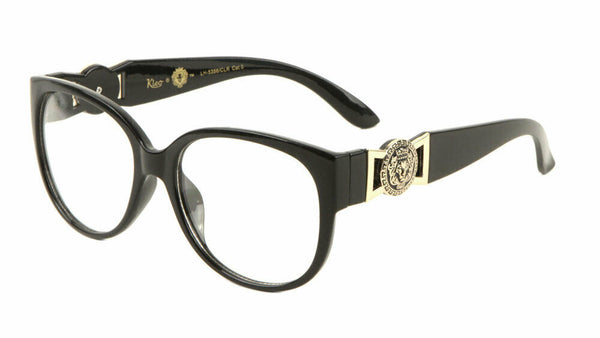 Kleo Oversized Gold Lion Head Medallion Luxury Cat Eye Sunglasses / Eyeglasses w/ Clear Lenses