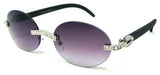 Slim Round Oval Rimless Rhinestone Metal & Faux Wood Luxury Sunglasses
