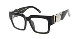 Square Flat Top Gold Coin Medallion Greek Key Sunglasses w/ Clear Lenses
