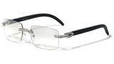 Dapper Slim Rimless Rhinestone Metal & Faux Wood Luxury Sunglasses