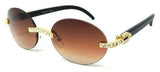 Slim Round Oval Rimless Rhinestone Metal & Faux Wood Luxury Sunglasses