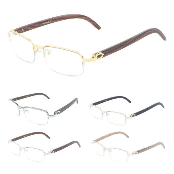 Luxe Debonair Metal & Faux Wood Slim Half Rim Rectangular Clear Lens Sunglasses / Eyeglasses Frames