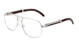 Luxe Executive Metal & Faux Wood Aviator Clear Lens Sunglasses / Eyeglasses Frames