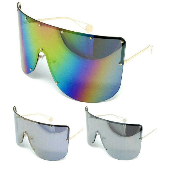 Flat Top XXL Large Oversized Semi Rimless Wrap Around Shield Sunglasses