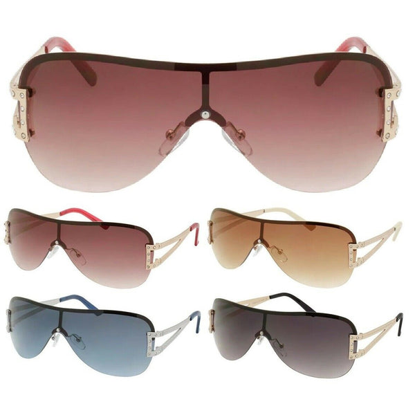 Luxury Rimless Wrap Around One Piece Lens Shield Sunglasses w/ Rhinestones