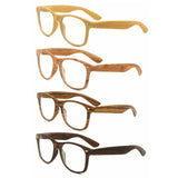 Classic Faux Bamboo Wood Print Square Retro Sunglasses w/ Clear Lenses