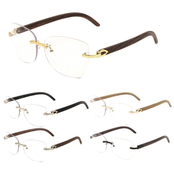 Debutante Womens Rimless Metal & Faux Wood Eyeglasses / Clear Lens Sunglasses