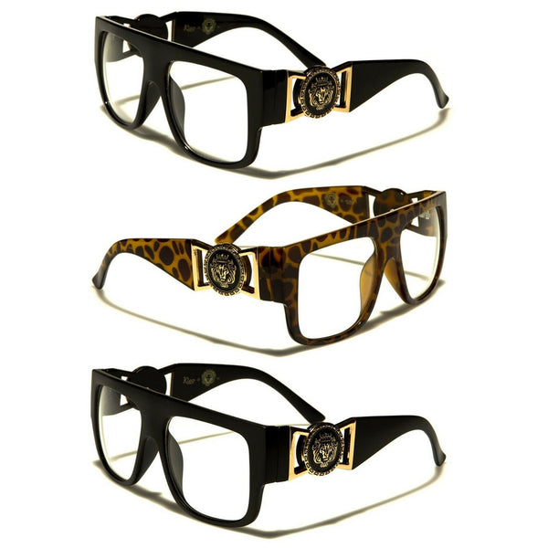 Kleo Square Gold Lion Head Medallion Buckle Retro Luxury Sunglasses / Eyeglasses w/ Clear Lenses
